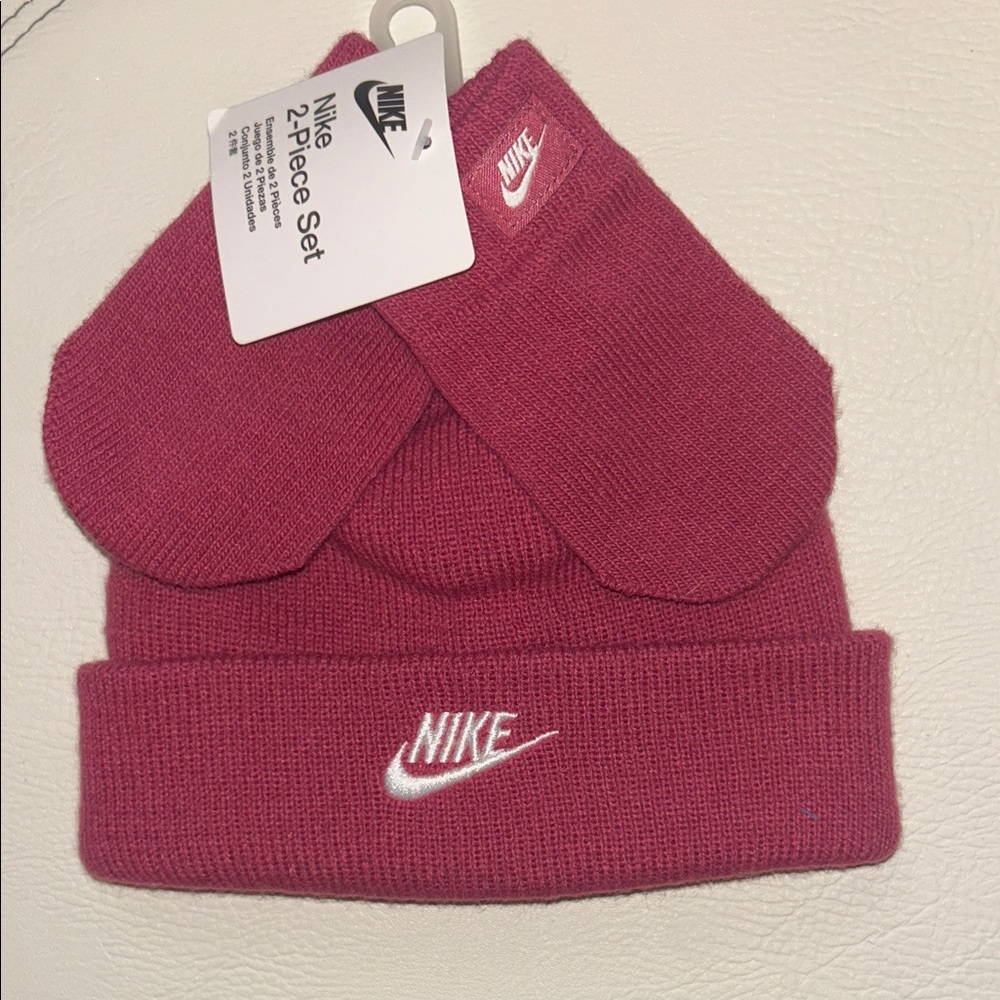 Nike Kids Maroon Beanie and Mittens Set